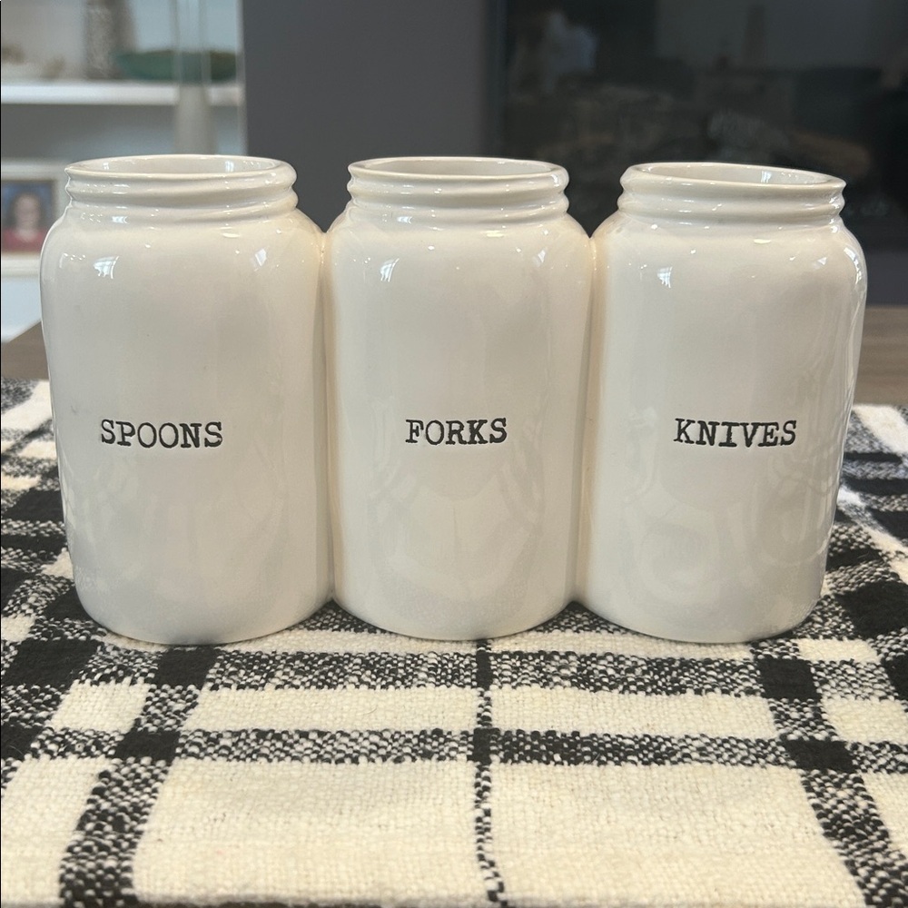MUD PIE | Triple Ceramic Jar Utensil Holder Spoons Forks Knives White and Black